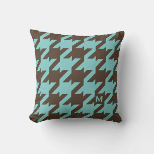 Bold modern teal brown houndstooth with monogram throw pillow