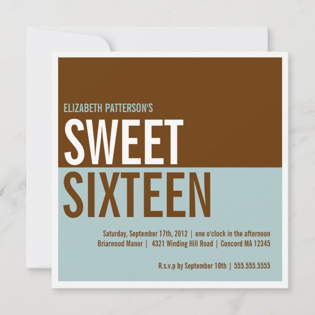 Bold Modern Teal & Brown Sweet Sixteen Invitation (Front)