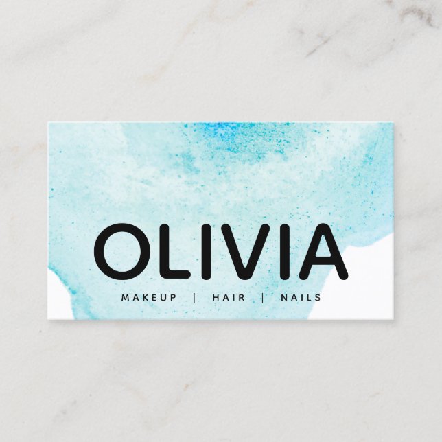 Bold Modern Typography Blue Watercolor Business Card (Front)