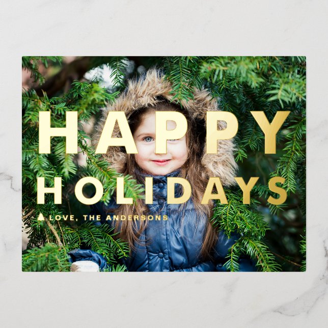 Bold Modern Typography Happy Holidays Photo Foil Holiday Postcard (Front)