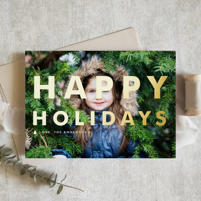 Bold Modern Typography Photo Happy Holidays Foil Greeting Card (Creator Uploaded)