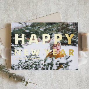 Bold Modern Typography Photo Happy New Year Foil Greeting Card