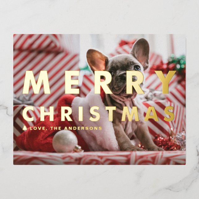 Bold Modern Typography Photo Merry Christmas Foil Holiday Postcard (Front)
