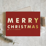 Bold Modern Typography Red Merry Christmas Foil Greeting Card<br><div class="desc">Send family and friends your Christmas greetings with this customizable black and gold Christmas card. It features a bold typography. Personalize by adding your details. This gold foil Christmas card is available in other foil colours and cardstock.</div>
