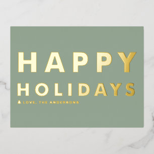 Bold Modern Typography Sage Green Happy Holidays Foil Holiday Postcard