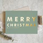 Bold Modern Typography Sage Green Merry Christmas Foil Holiday Card<br><div class="desc">Send family and friends your Christmas greetings with this customizable black and gold Christmas card. It features a bold typography and a sage green background. Personalize by adding your details. This gold foil Christmas card is available in other foil colours and cardstock.</div>