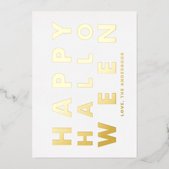 Bold Modern Typography White Happy Halloween Foil Holiday Card (Front)