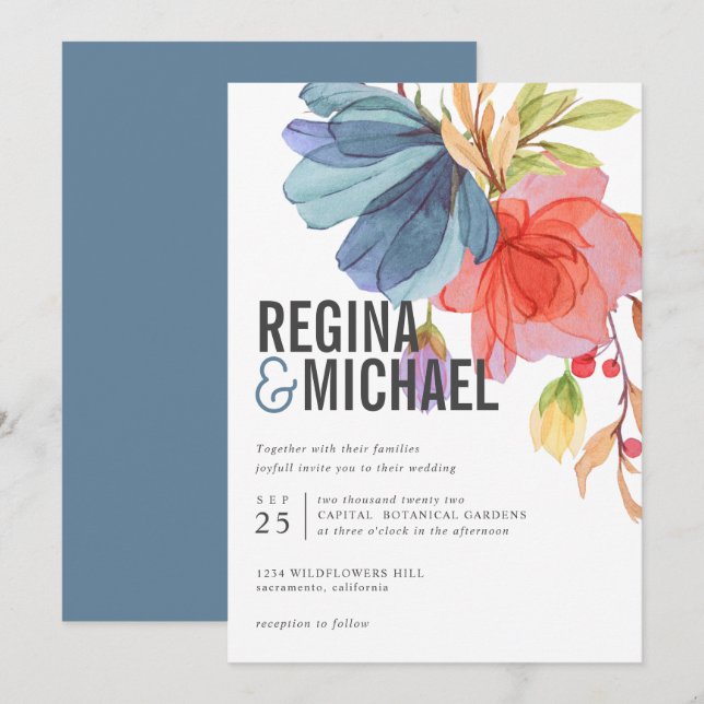 Bold Modern Watercolor Blue Wildflowers wedding Invitation (Front/Back)