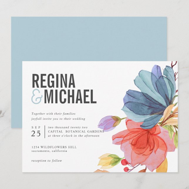 Bold Modern Watercolor Wildflowers aqua wedding Invitation (Front/Back)