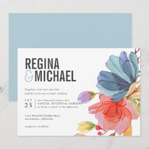 Bold Modern Watercolor Wildflowers aqua wedding Invitation