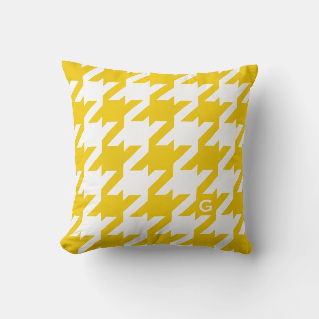 Bold modern yellow houndstooth with monogram throw pillow (Front)