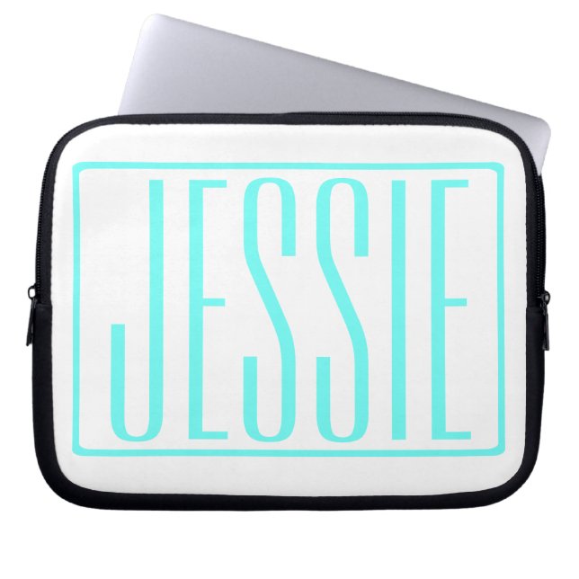 Bold & Modern Your Name or Word | Turquoise White Laptop Sleeve (Front)