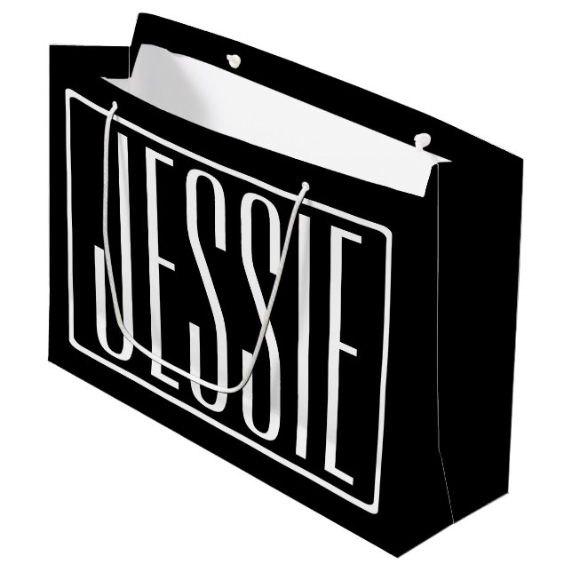 Bold & Modern Your Name or Word | White On Black Large Gift Bag (Front Angled)