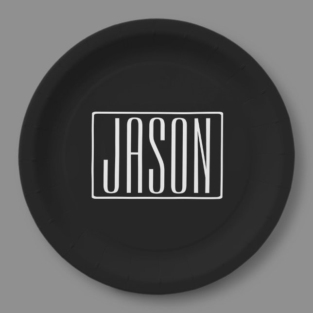 Bold & Modern Your Name or Word | White On Black Paper Plate (Creator Uploaded)