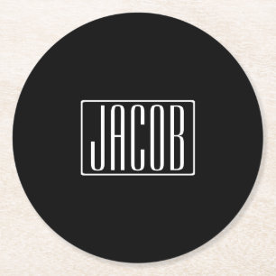 Bold & Modern Your Name or Word White On Black Round Paper Coaster