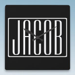 Bold & Modern Your Name or Word | White On Black Square Wall Clock<br><div class="desc">Bold & modern.</div>