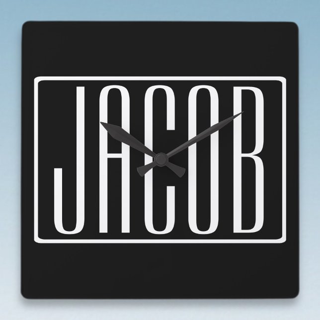 Bold & Modern Your Name or Word | White On Black Square Wall Clock (Creator Uploaded)