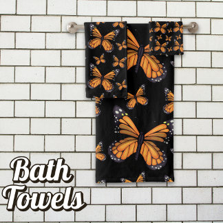 Bold Monarch Majesty: Black Background Butterfly Bath Towel Set