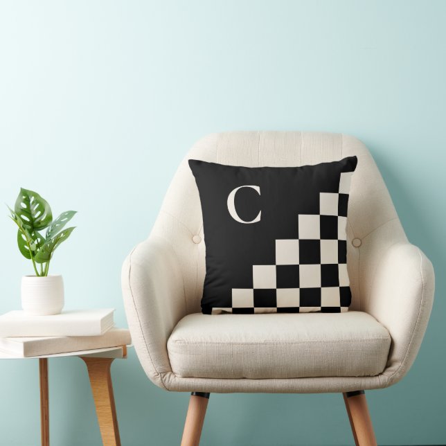 Bold Monogram Black Cream Geometric Pattern Throw Pillow (Chair)