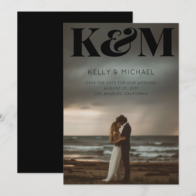 Bold Monogram Black Initials Modern Photo Wedding Save The Date (Front/Back)