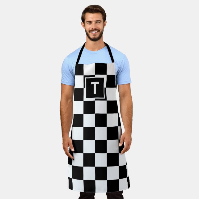 Bold Monogram Black White Chequered Pattern Apron (Worn)