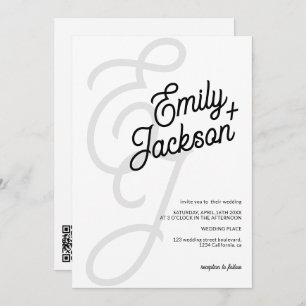 Bold monogram brush names black qr code wedding invitation