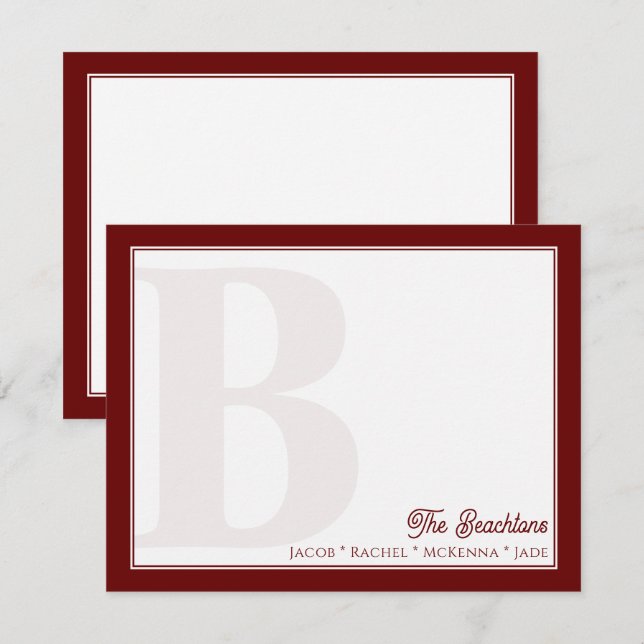 Bold Monogram Dark Red Family Stationery Card (Front/Back)
