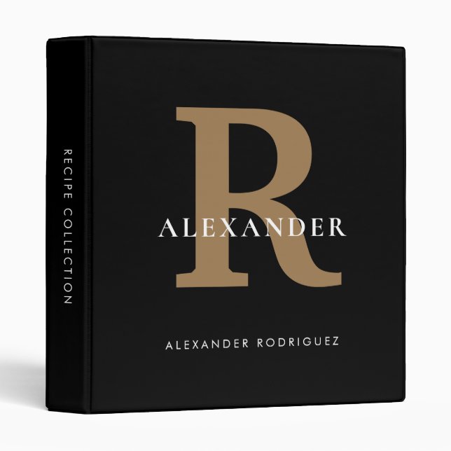 Bold Monogram For Him Black Gold Kitchen Recipe Binder (Front/Spine)