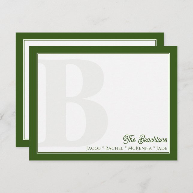 Bold Monogram Forest Green Family Stationery Card (Front/Back)