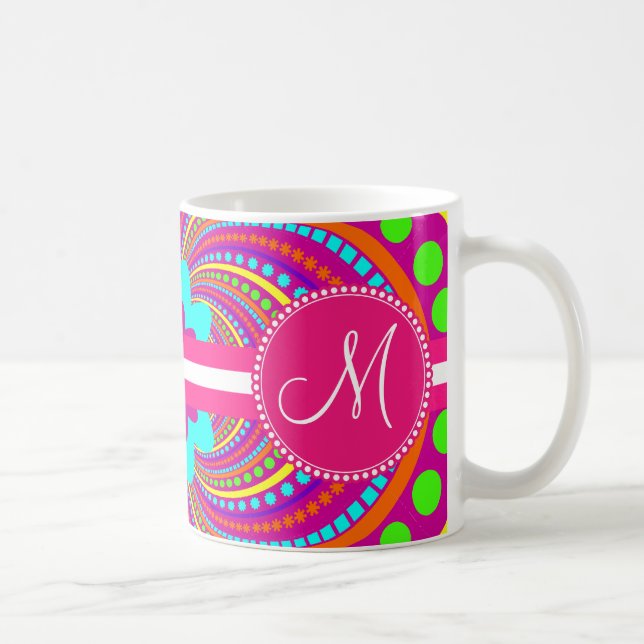 Bold Monogram Funky Pattern Hot Pink Design Coffee Mug (Right)
