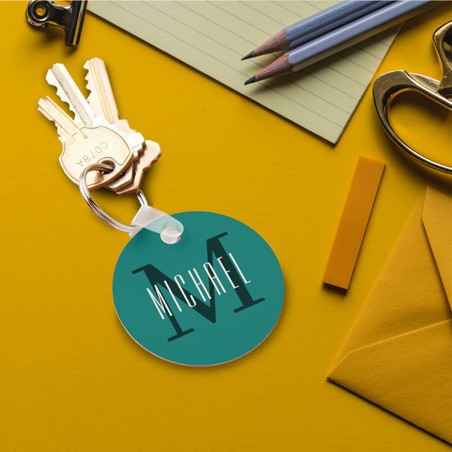 Bold Monogram Initial & First Name Blue Teal Keychain (Creator Uploaded)