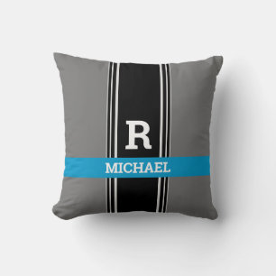 Bold Monogram & Name, Blue Grey & Black Stripes Throw Pillow