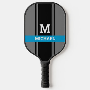Bold Monogram/Name, Deep Sky Blue Grey Blk Stripes Pickleball Paddle