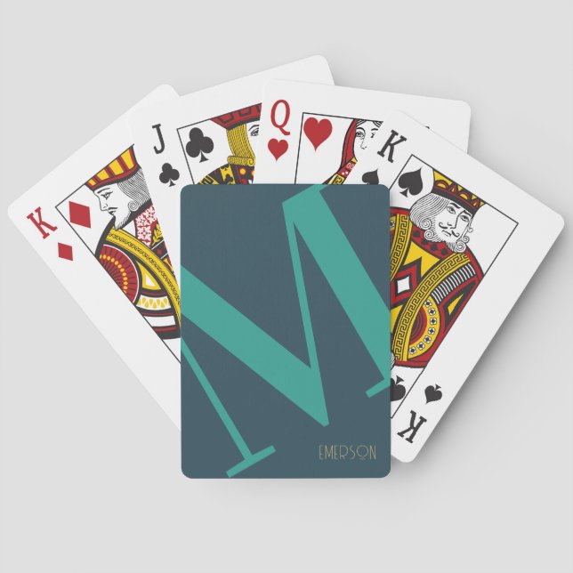 Bold Monogram Name Green Playing Cards (Back)