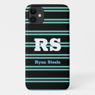 Bold Monogram & Name, Lt. Teal Lines on Black iPhone 11 Case