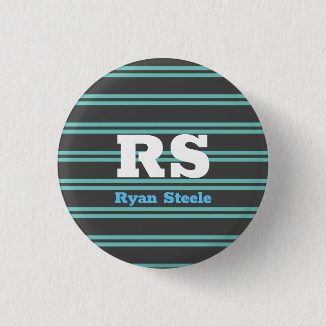 Bold Monogram & Name, Lt. Teal Lines on Dark Grey 1 Inch Round Button (Front)