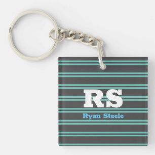 Bold Monogram & Name, Lt. Teal Lines on Dark Grey Keychain