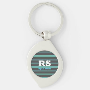 Bold Monogram & Name, Lt. Teal Lines on Dark Grey Keychain