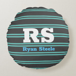 Bold Monogram & Name, Lt. Teal Lines on Dark Grey  Round Pillow
