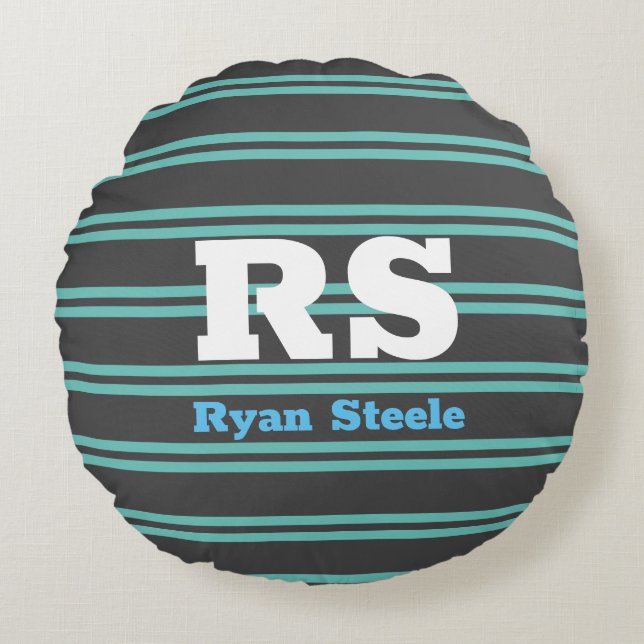 Bold Monogram & Name, Lt. Teal Lines on Dark Grey  Round Pillow (Front)