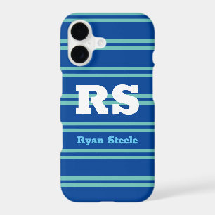 Bold Monogram & Name, Lt. Teal Lines on Deep Blue