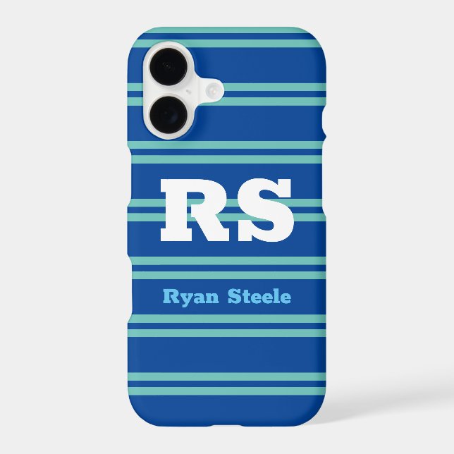 Bold Monogram & Name, Lt. Teal Lines on Deep Blue (Back)