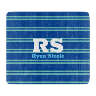 Bold Monogram & Name, Lt. Teal Lines on Deep Blue Cutting Board