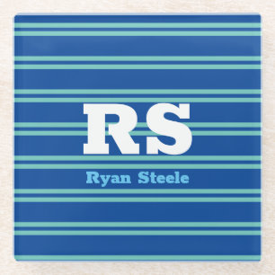 Bold Monogram & Name, Lt. Teal Lines on Deep Blue Glass Coaster