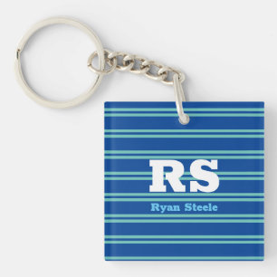 Bold Monogram & name, Lt. Teal Lines on Deep Blue Keychain