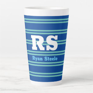 Bold Monogram & Name, Lt. Teal Lines on Deep Blue Latte Mug