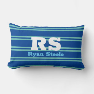 Bold Monogram & Name, Lt. Teal Lines on Deep Blue Lumbar Pillow