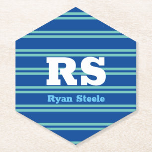Bold Monogram & Name, Lt. Teal Lines on Deep Blue Paper Coaster