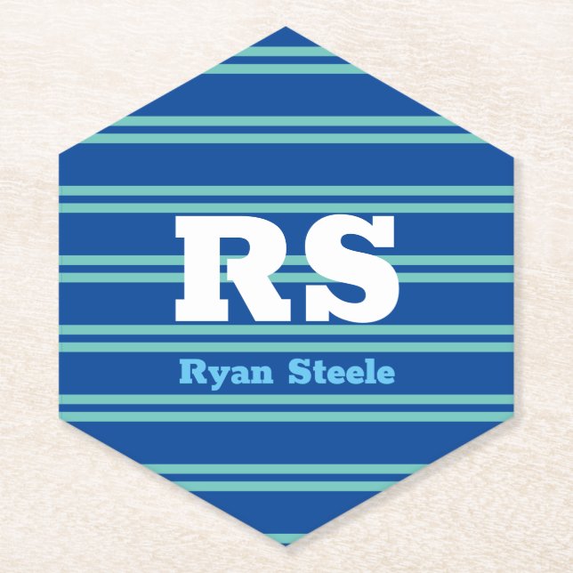 Bold Monogram & Name, Lt. Teal Lines on Deep Blue Paper Coaster (Front)