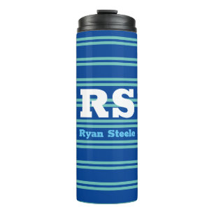 Bold Monogram & Name, Lt Teal Lines on Deep Blue Thermal Tumbler